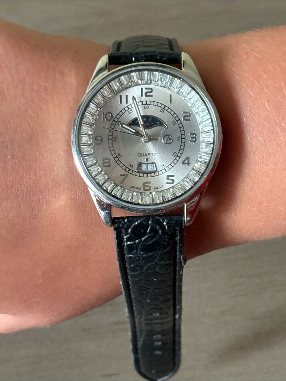 George Crystal Bezel Moon Phase Watch Black Croc Strap Silver Tone Quartz